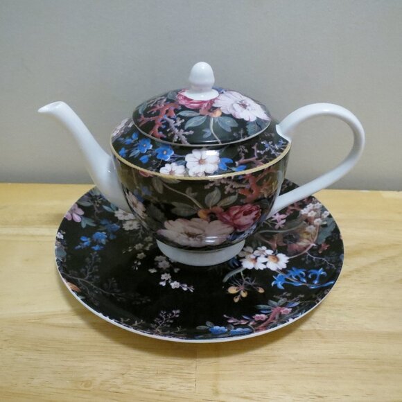 Maxwell & Williams Teapot w/ Plate Midnight Blossom Cashmere Bone China Kilburn - Picture 1 of 14
